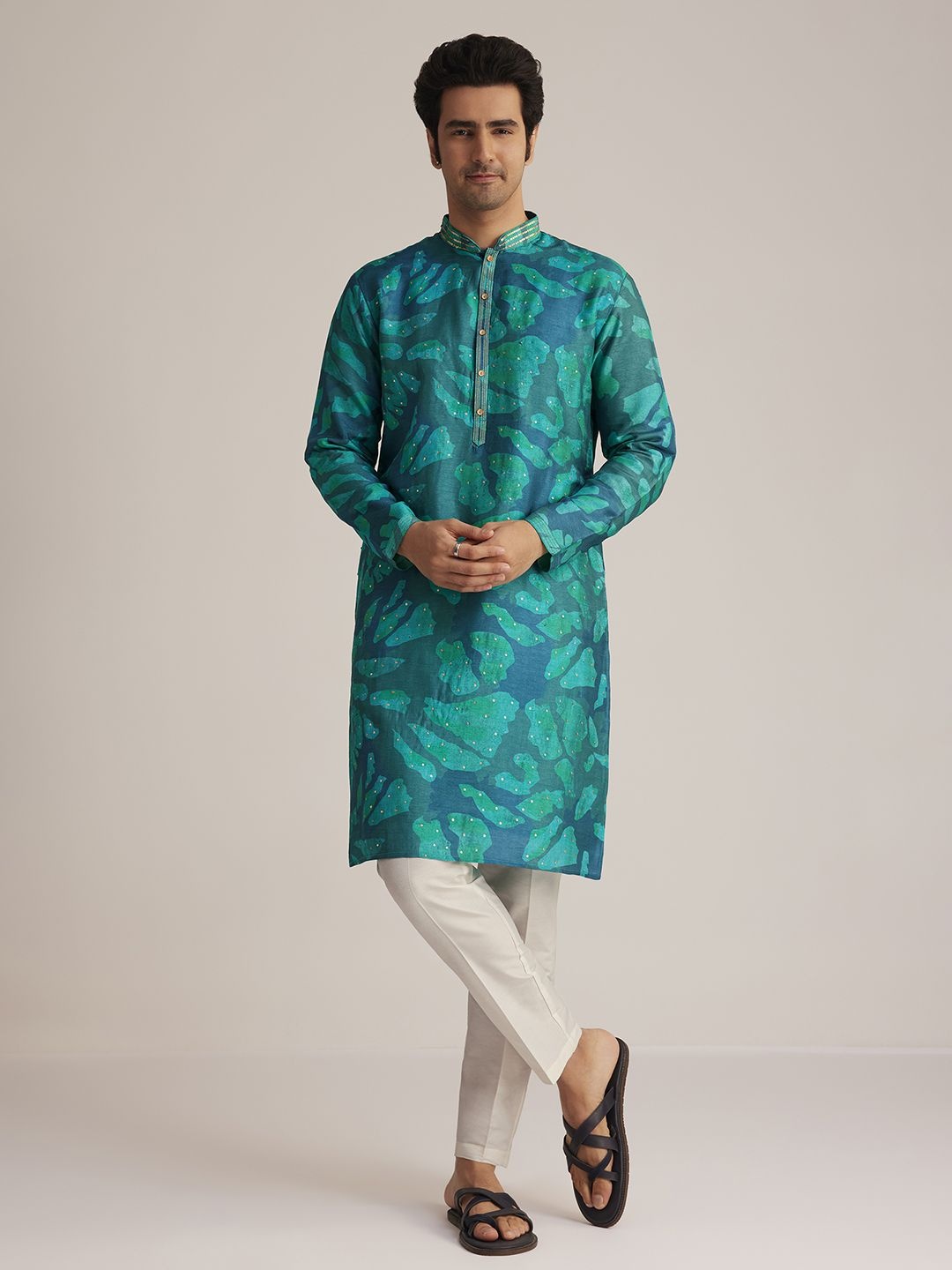 

KALKI Fashion Abstract Printed Mandarin Collar Sequinned Straight Kurta With Trouser, Green