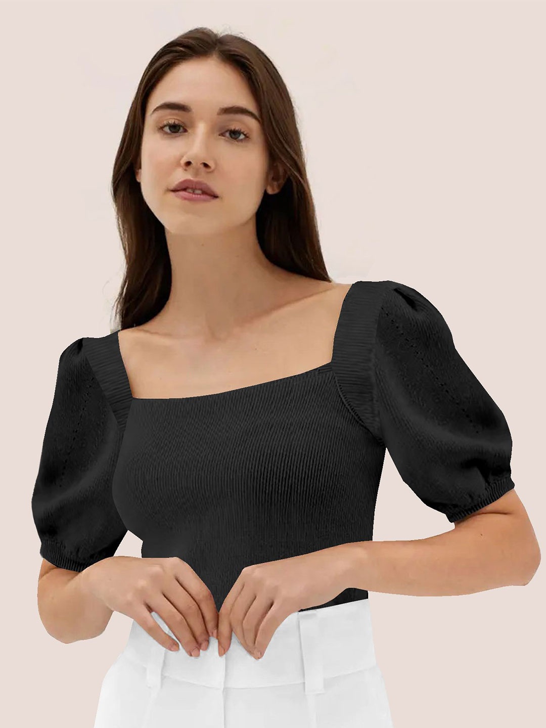 

BerryBird Women Square Neck Puff Sleeve A-Line Top, Black