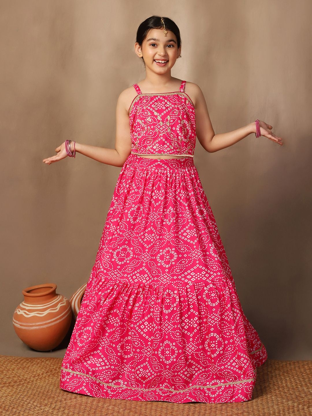 

BAESD Girls Bandhani Printed Ready to Wear Lehenga & Blouse, Pink