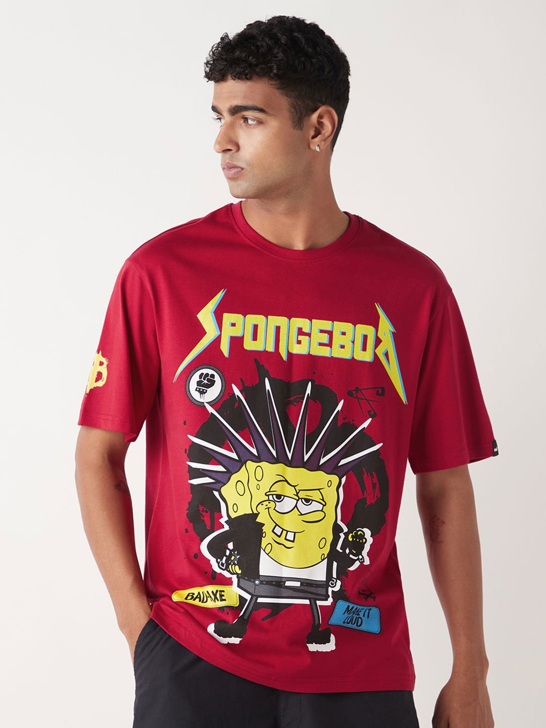 

Bewakoof Men Spongebob Graphic Printed Round Neck Cotton Oversized T-shirt, Red