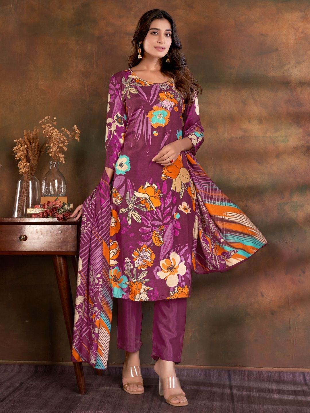 

Krimmple Women Floral Printed Regular Kurti with Pyjamas & With Dupatta, Violet