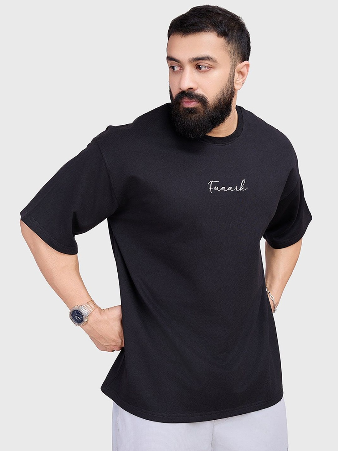 

FUAARK Men Anti Odour Typography Printed Round Neck Cotton Oversized T-shirt, Black