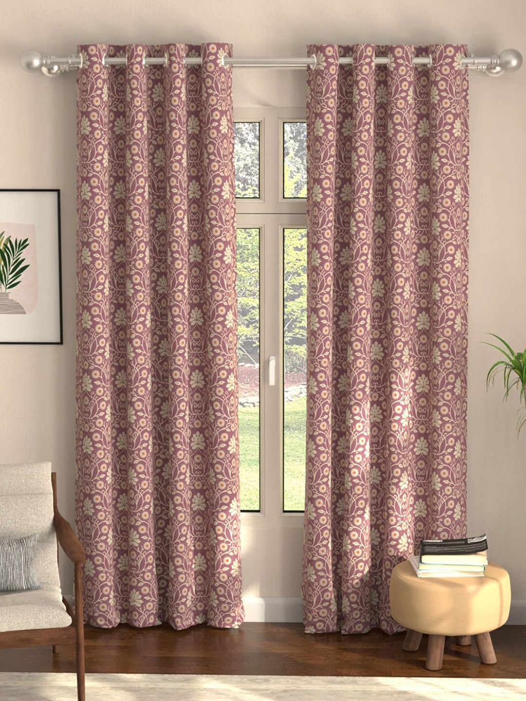

URBAN SPACE Burgundy Set of 2 Floral Printed Black Out Door Curtains