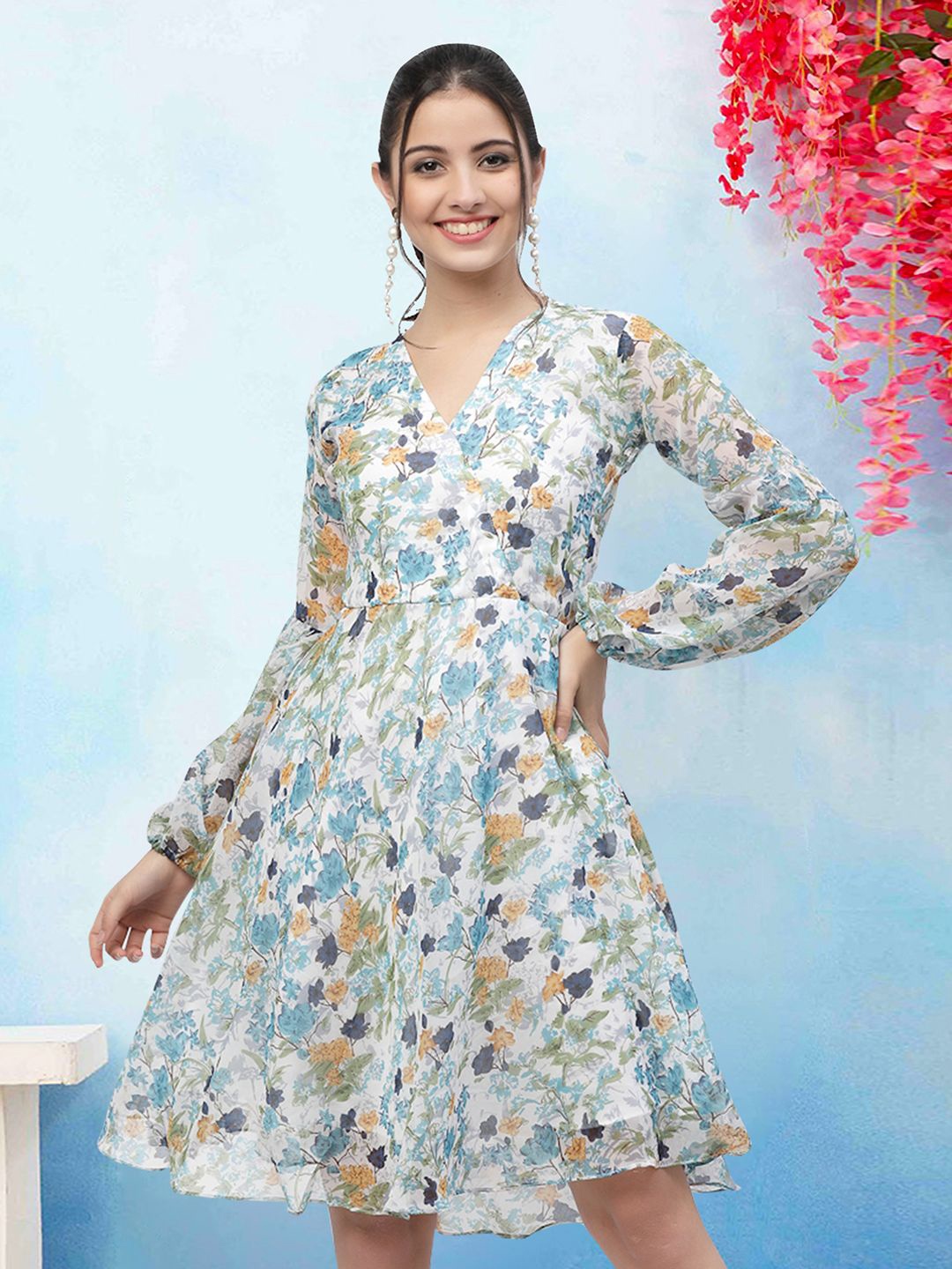 

MISS AYSE Women Cotton Floral Printed Puff Sleeves Wrap Dress, White