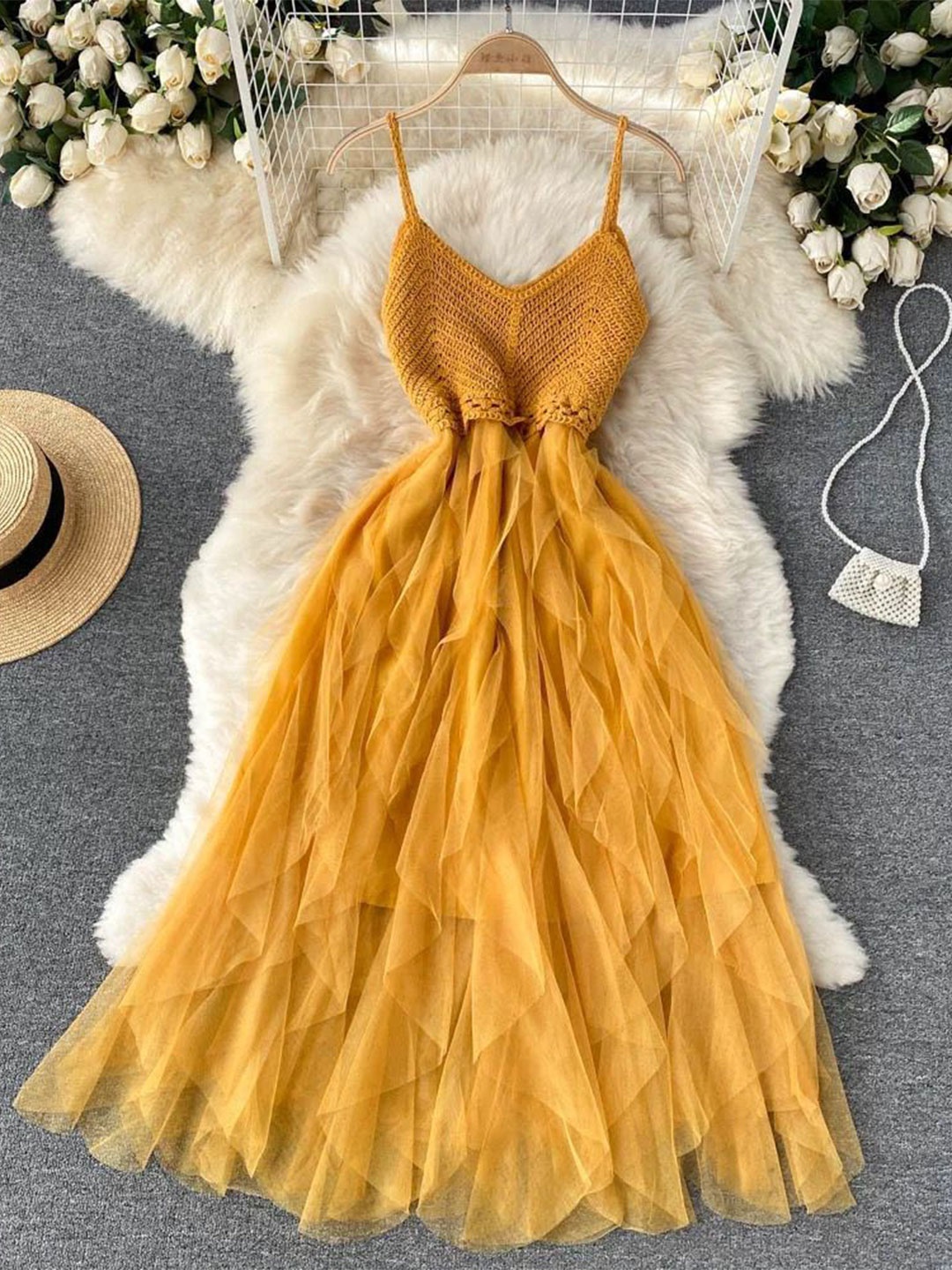 

MADE FOR HER LABEL Crochet Mesh Ruffle A-Line Dress, Yellow