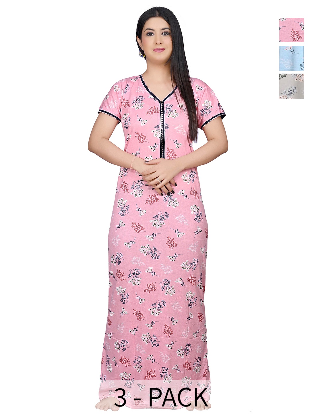 

G4Girl Printed Maxi Nightdress pack of 3, Pink