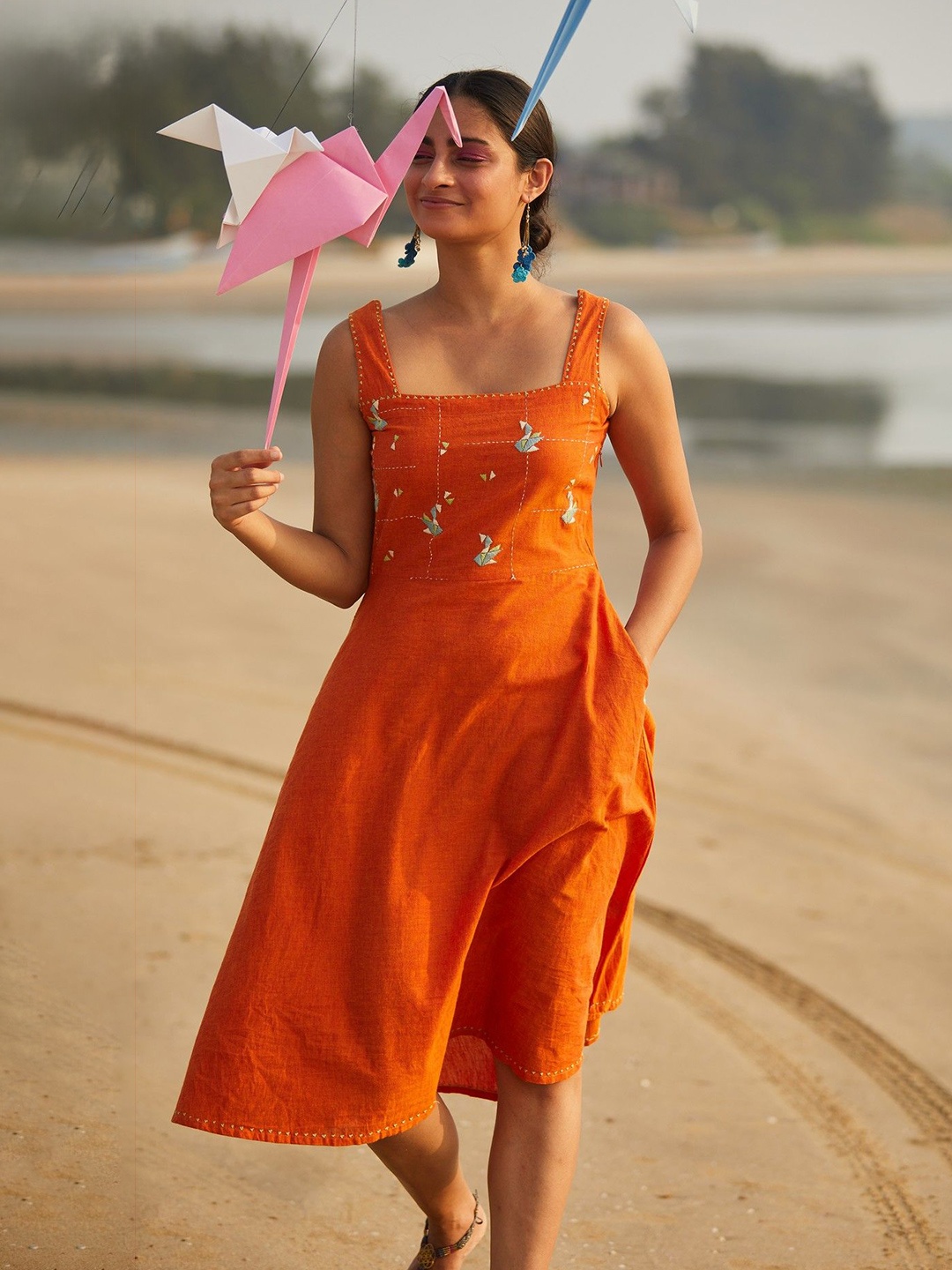 

OKHAI Hummingbird Cotton Handloom Hand Embroidered Sleeveless Dress, Orange