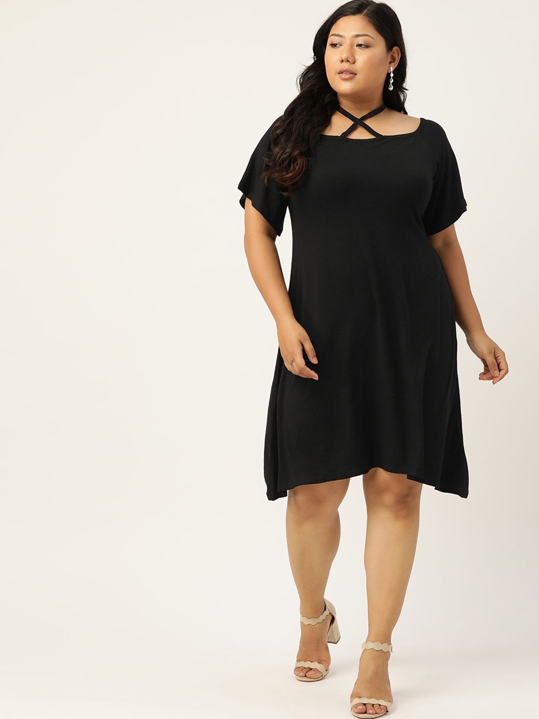 

theRebelinme Women Plus Size Halter Neck Flared Sleeves A-Line Midi Dress, Black