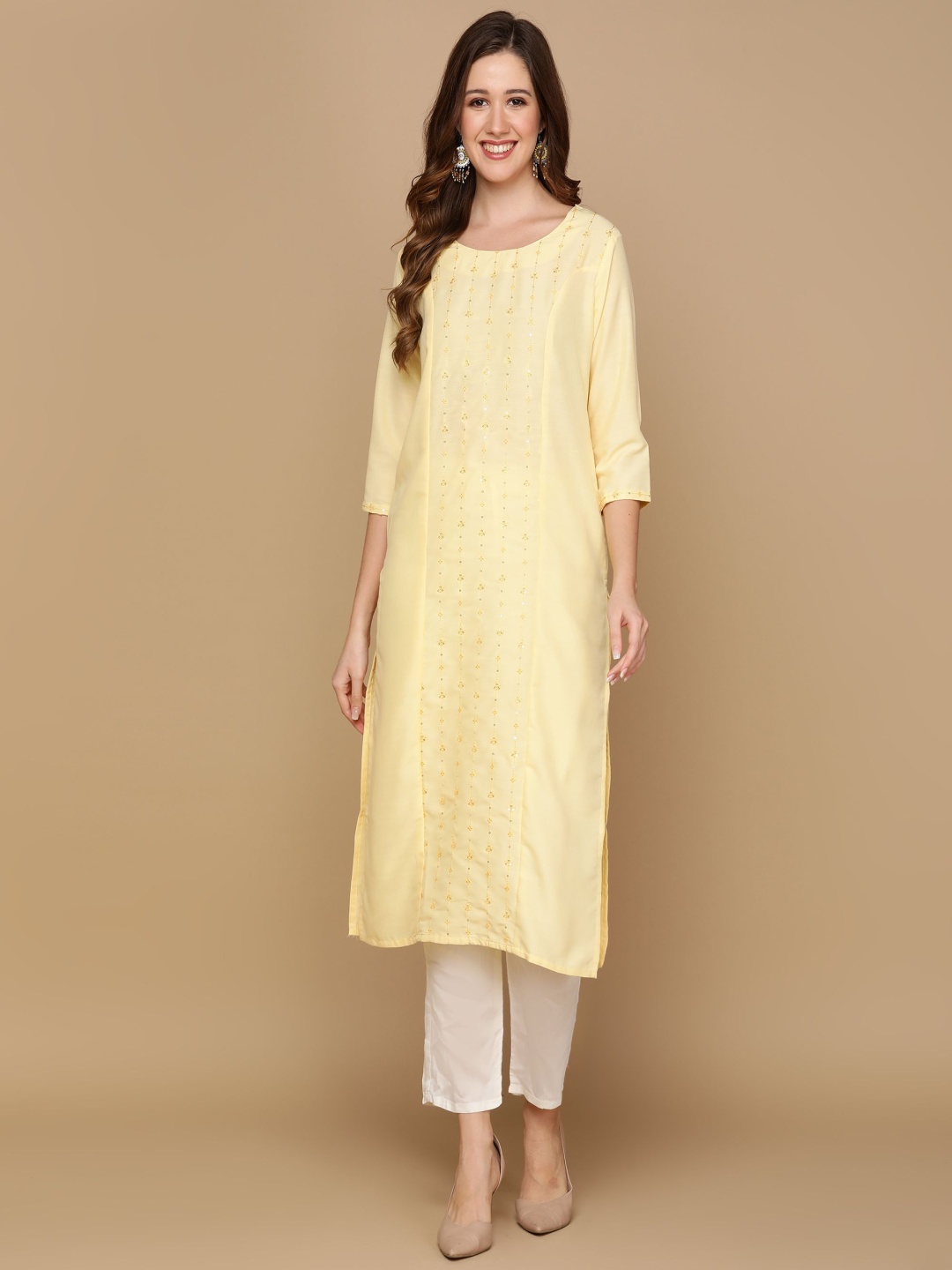 

GURRA Geometric Sequinned Embroidered Round Neck Pure Cotton Straight Kurta, Yellow