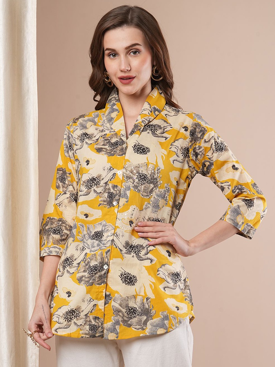 

FASHOR Women Floral Printed Cotton Shirt Style Longline Top, Yellow