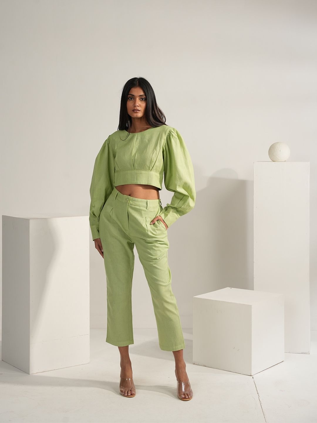 

Aamili Pure Cotton Puff Sleeves Crop Top With Trousers, Green