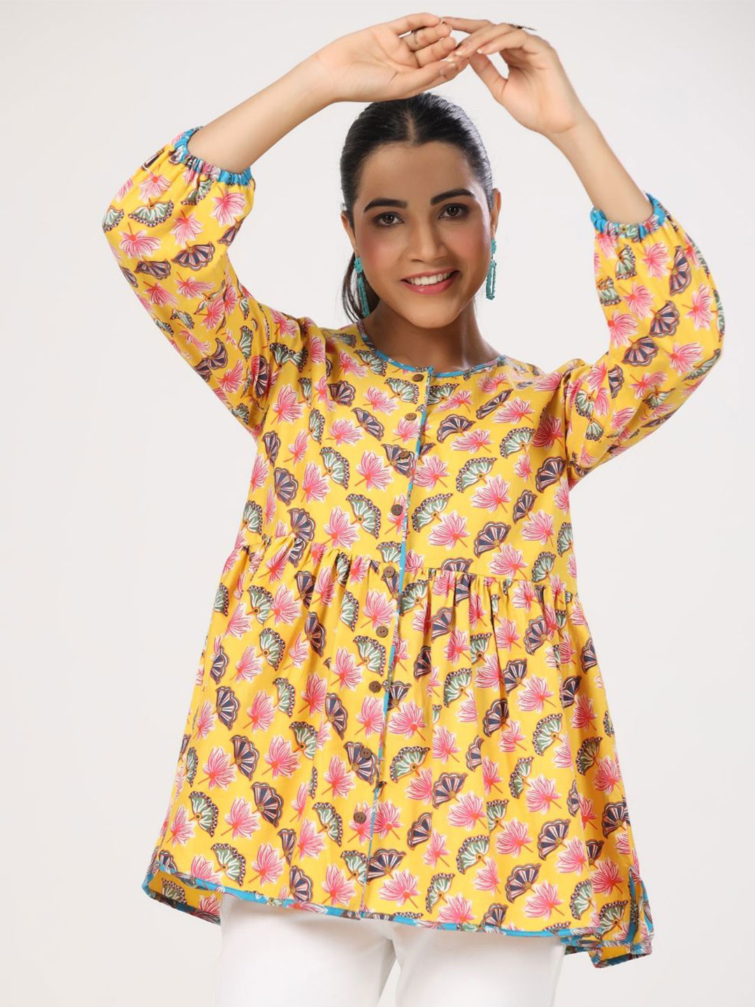 

JAIPURRANG Floral Print Puff Sleeve Peplum Top, Yellow