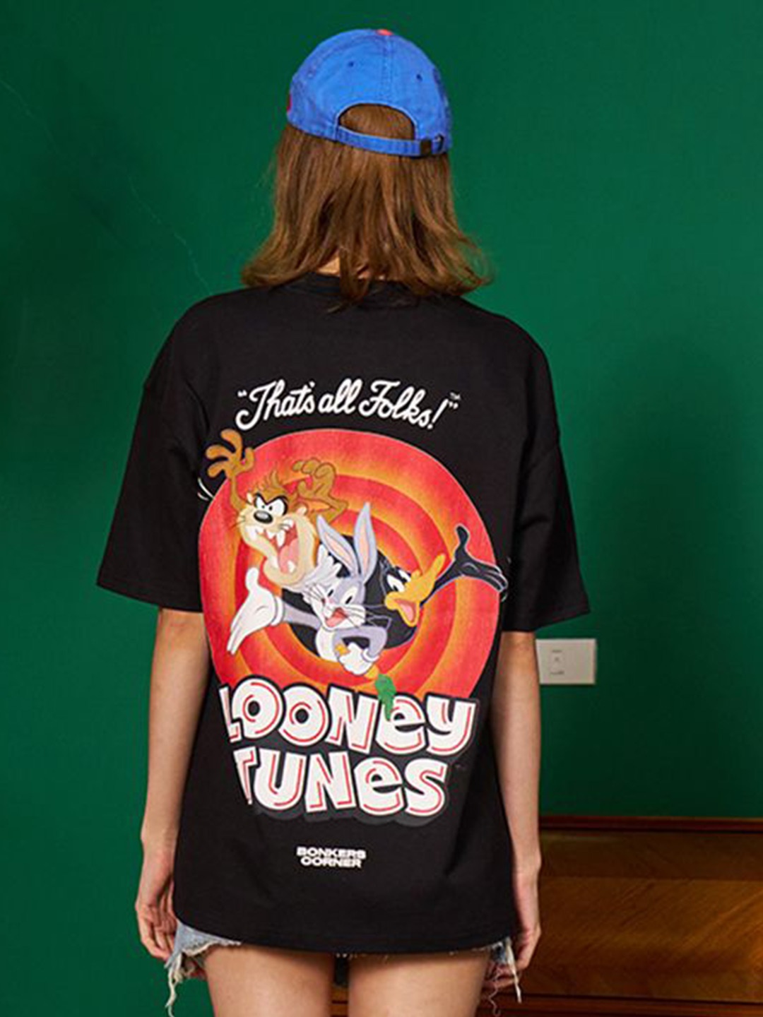 

Bonkers Corner Women Looney Tunes Graphic Printed Round Neck Cotton Oversized T-shirt, Black