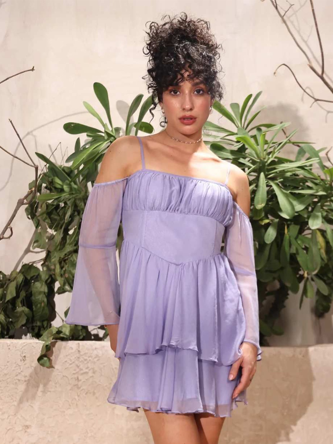 

Seoraa Bell Sleeve Chiffon Fit & Flare Midi Dress, Lavender
