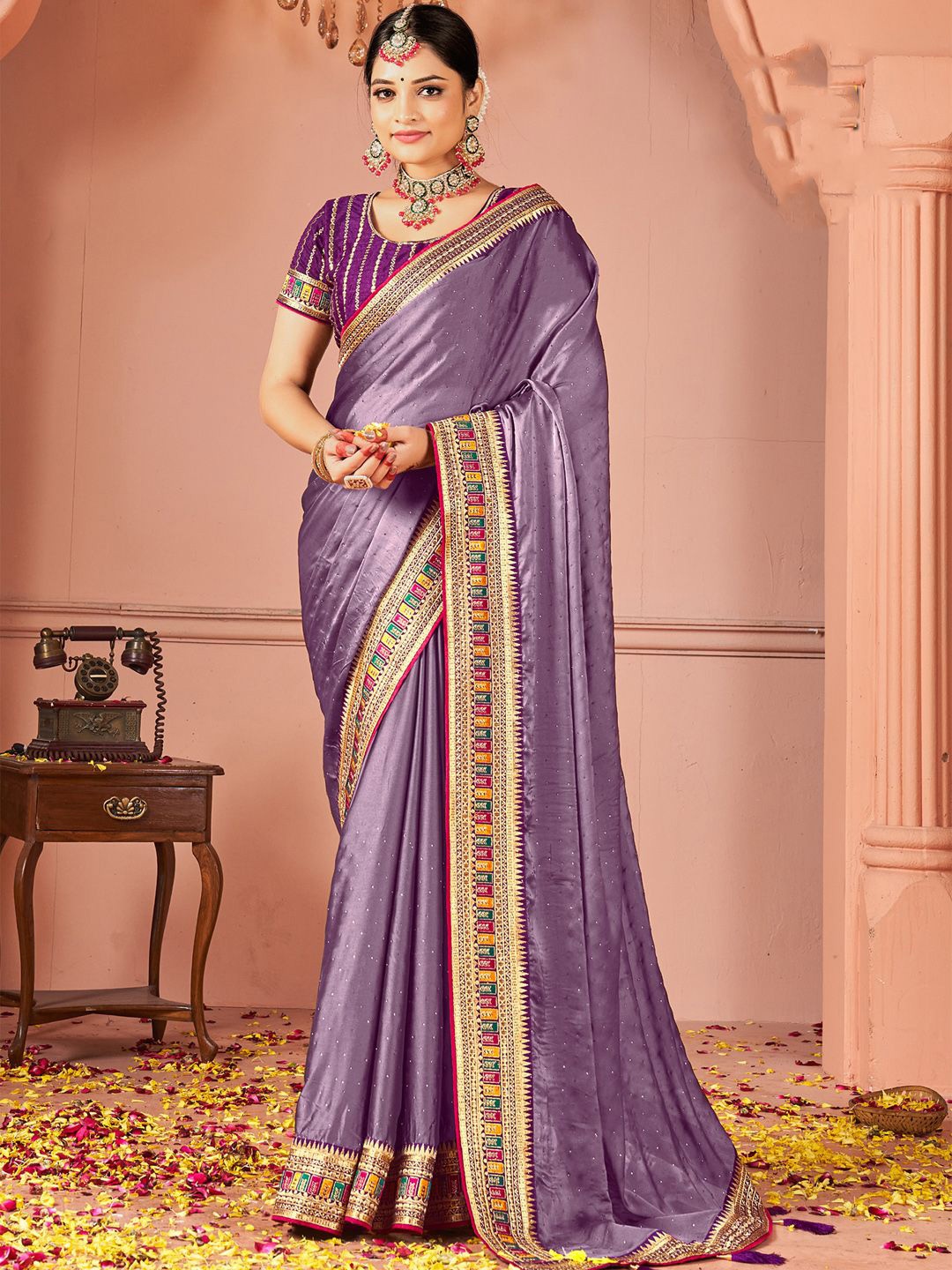 

Saree mall Embellished Embroidered Sarees, Violet