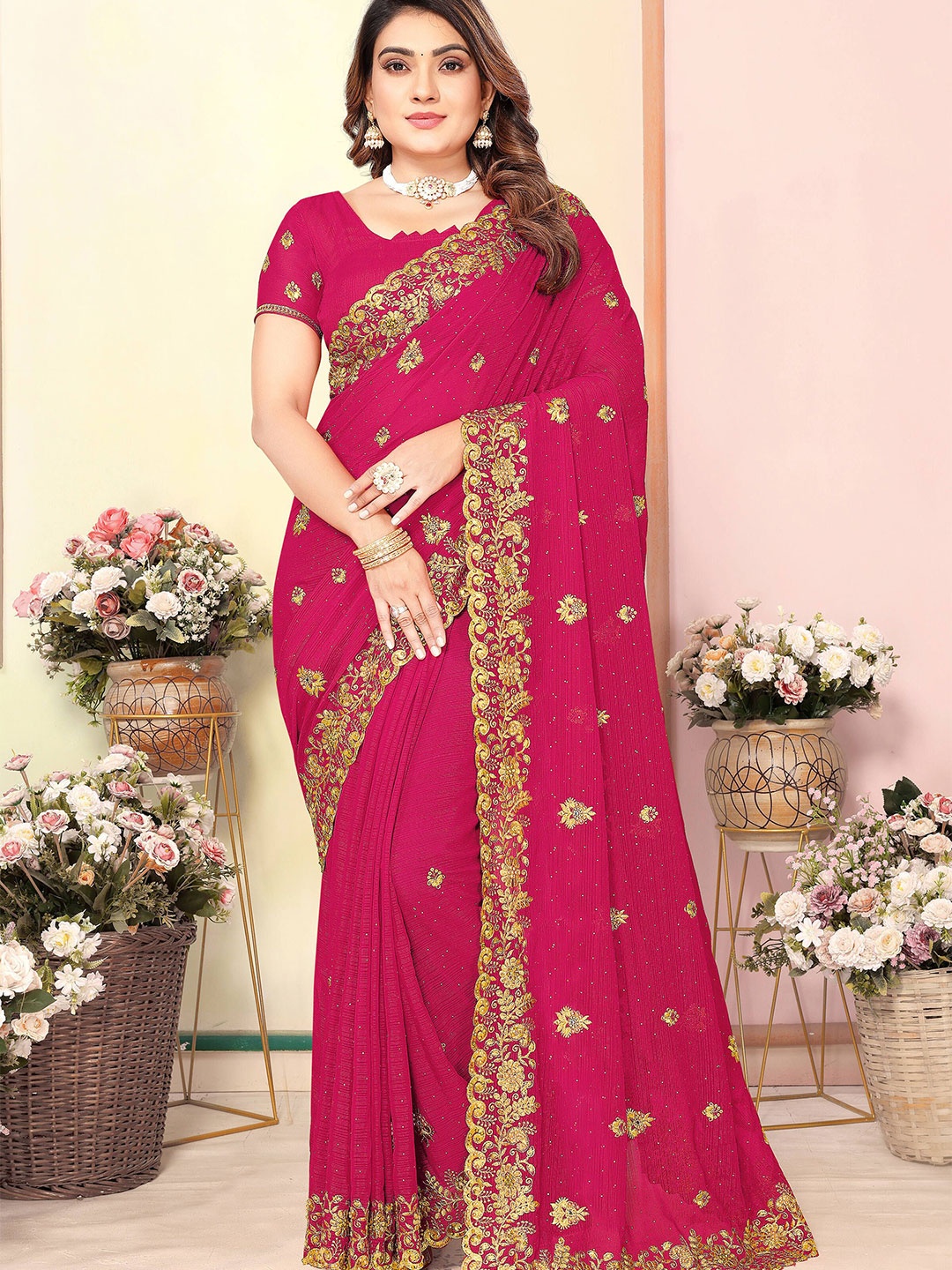 

KHRITI FAB Floral Embroidered Pure Georgette Heavy Work Saree, Pink