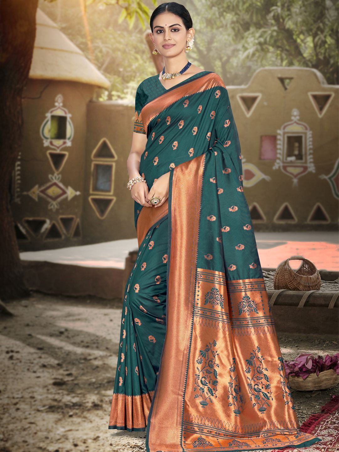 

SANGAM PRINTS Woven Design Zari Tussar Saree, Navy blue