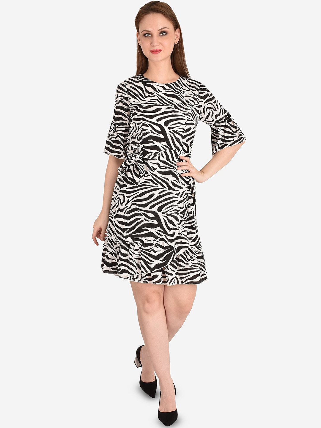 

MISS HAUTE Women Animal Printed Bell Sleeves A-Line Dress, White