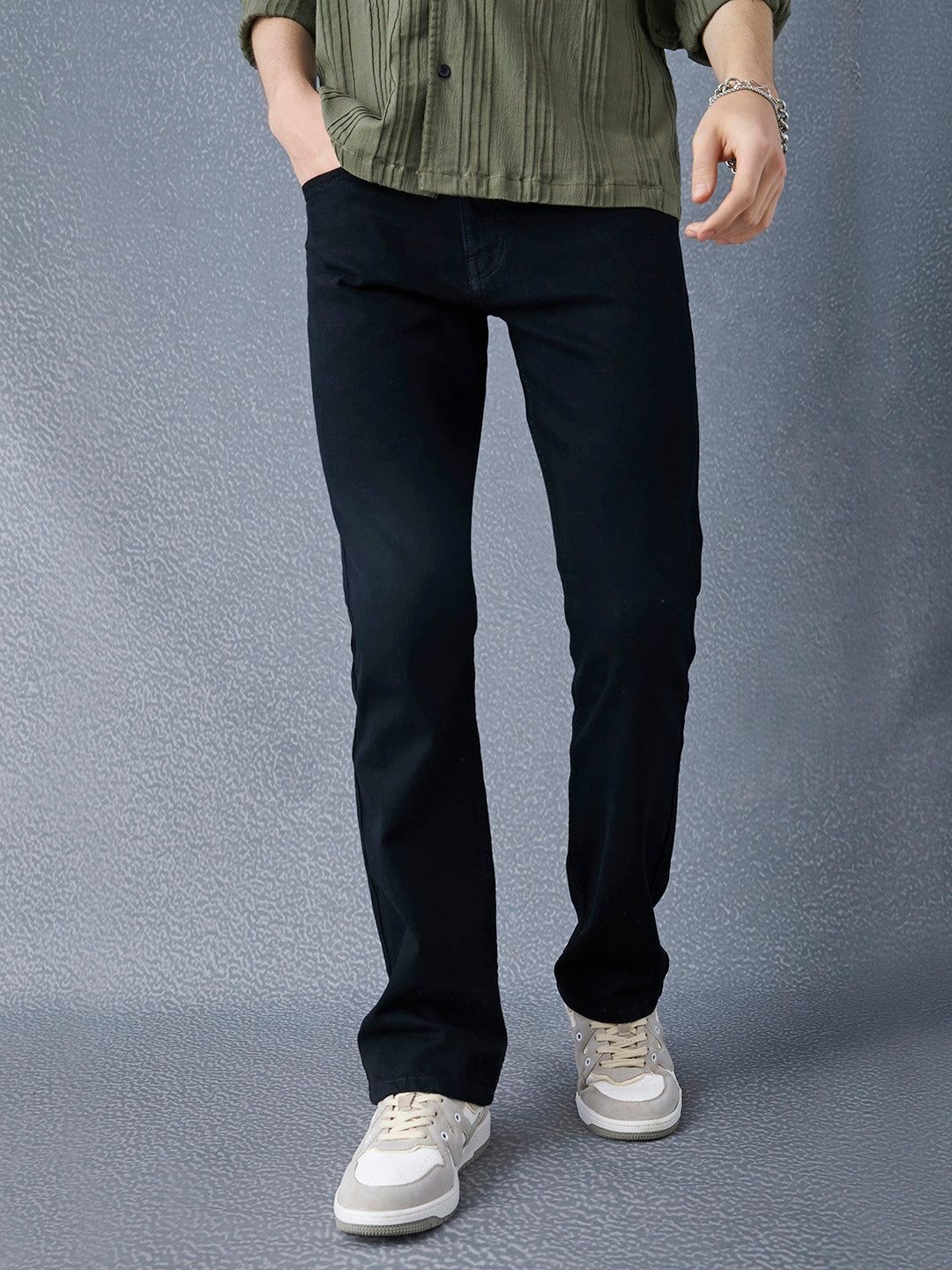 

VOLTEDGE Men Comfort Bootcut Low Distress Stretchable Jeans, Black