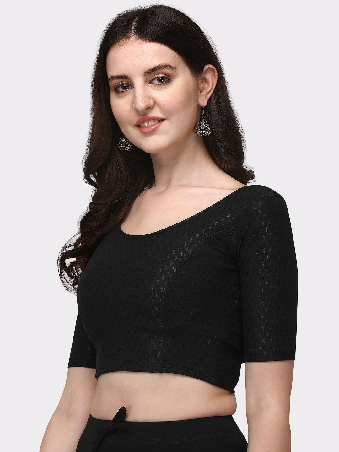 

Krimmple Printed Cotton Round Neck Saree Blouse, Black