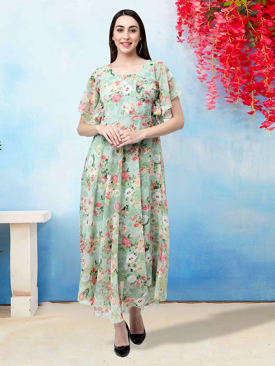 

MISS AYSE Women Floral Printed Flared Sleeves Cotton Maxi Dress, Green