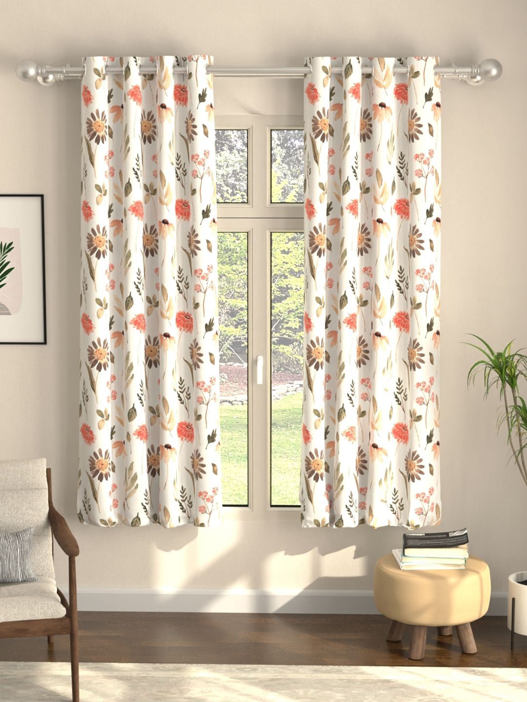 

URBAN SPACE Peach-Coloured & Green Set of 2 Floral Printed Black Out Window Curtain