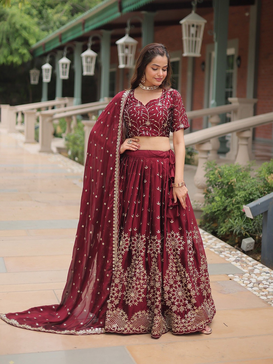 

KALINI Embroidered Sequinned Ready to Wear Lehenga & Unstitched Blouse With Dupatta, Pink