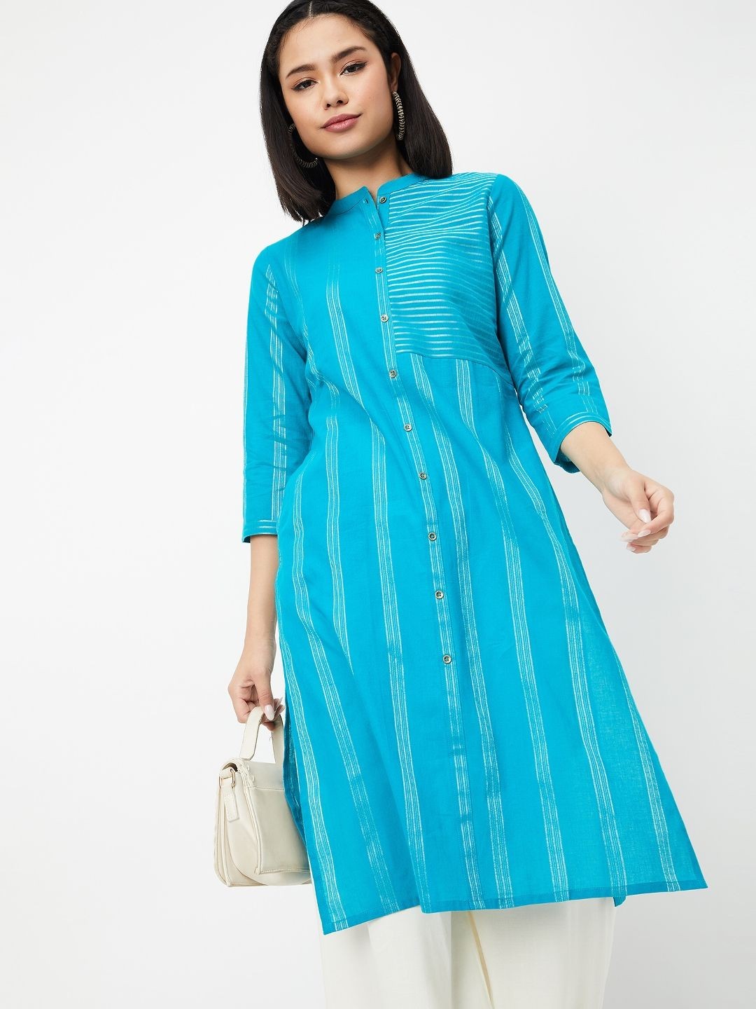 

max High Slit Striped Woven Design Mandarin Collar Cotton Straight Kurta, Blue