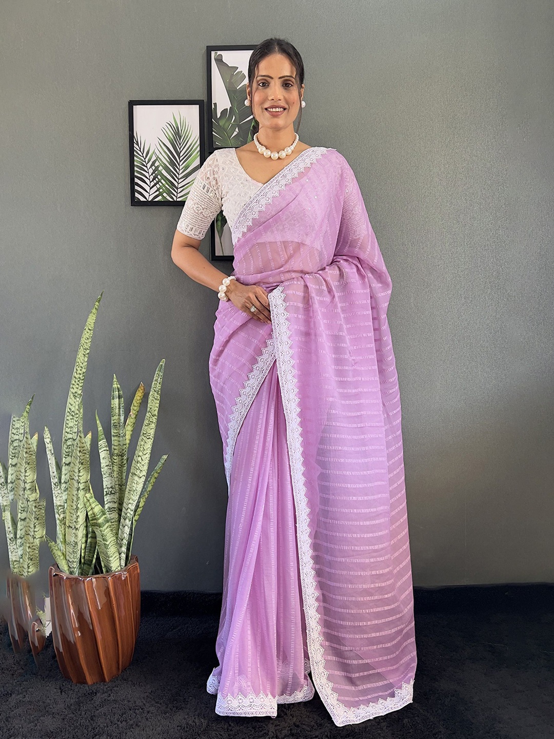

Aika Striped Embroidered Pure Chiffon Saree, Lavender