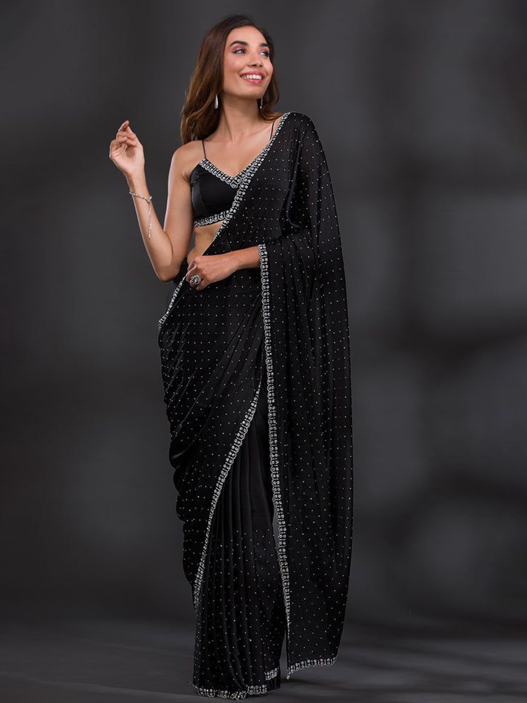 

KALINI Beads and Stones Satin Saree, Black