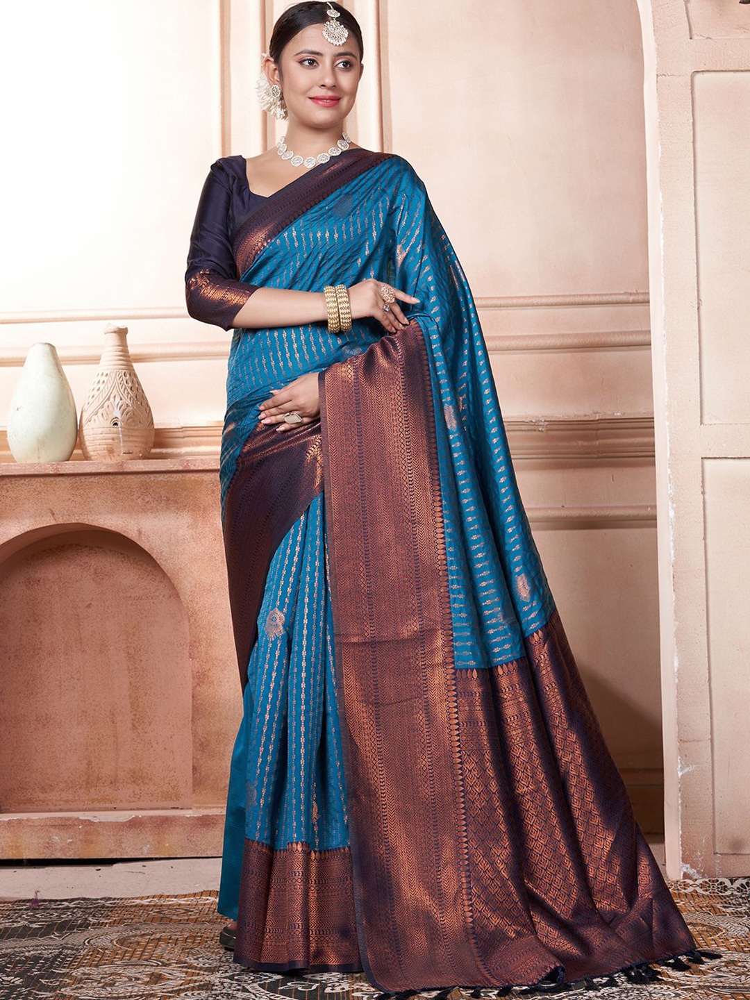 

Panzora Woven Design Zari Kanjeevaram Saree With Unstitched Blouse Piece, Teal