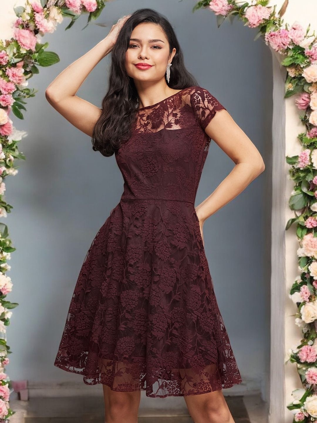 

Miss Chase Floral Lace Fit & Flare Mini Dress, Maroon