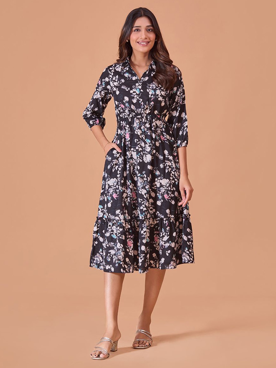

Fashfun Women Floral Printed Puff Sleeves Cotton Fit & Flare Midi Dress, Black
