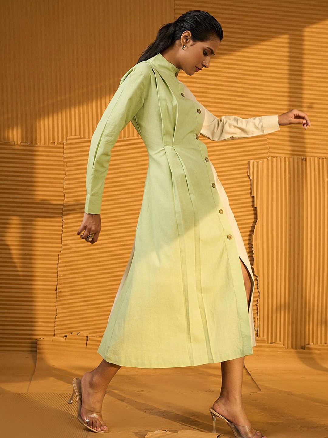 

Aamili Colourblocked Cotton A-Line Midi Dress, Green