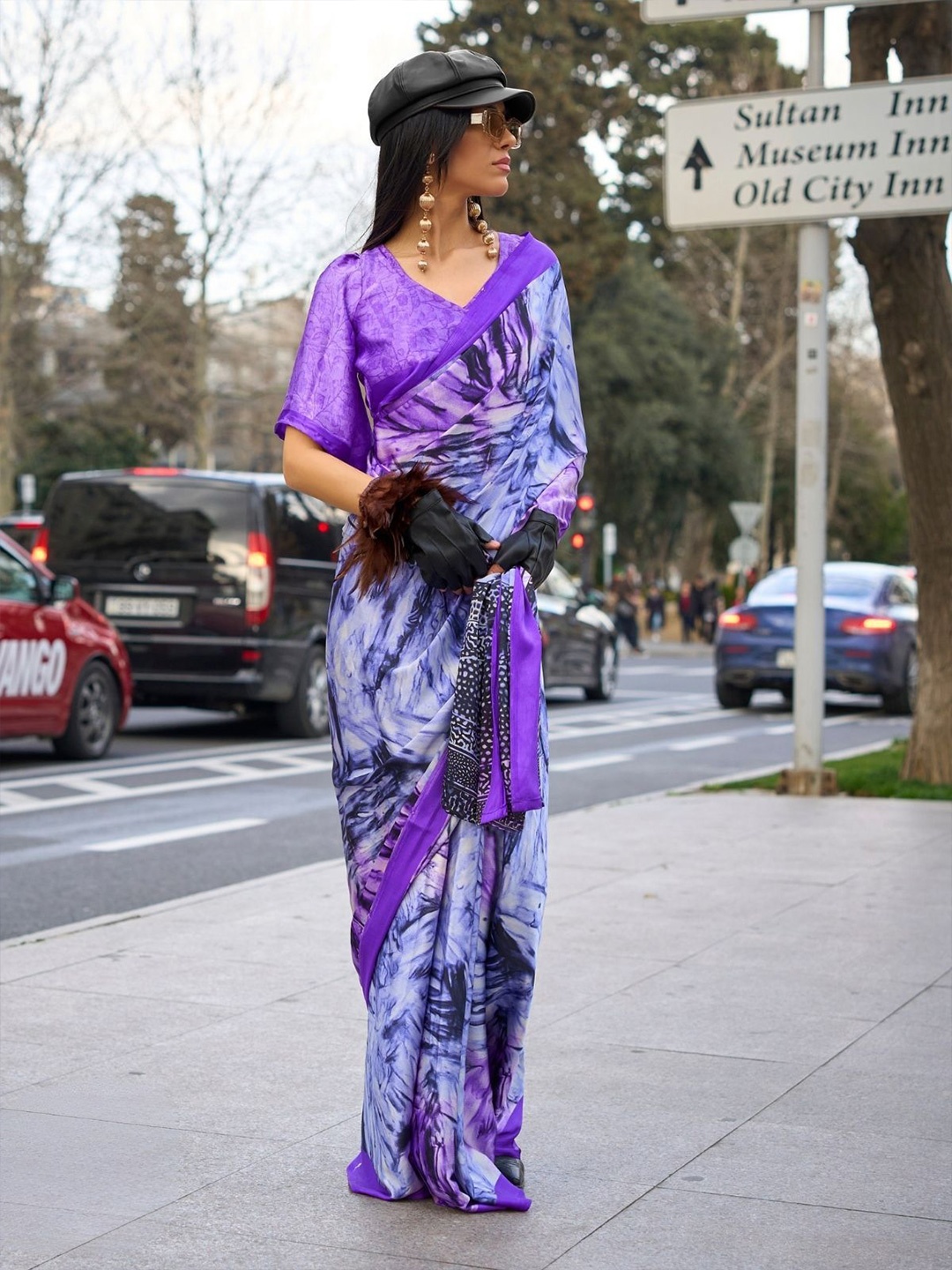 

ODETTE Satin Saree, Purple