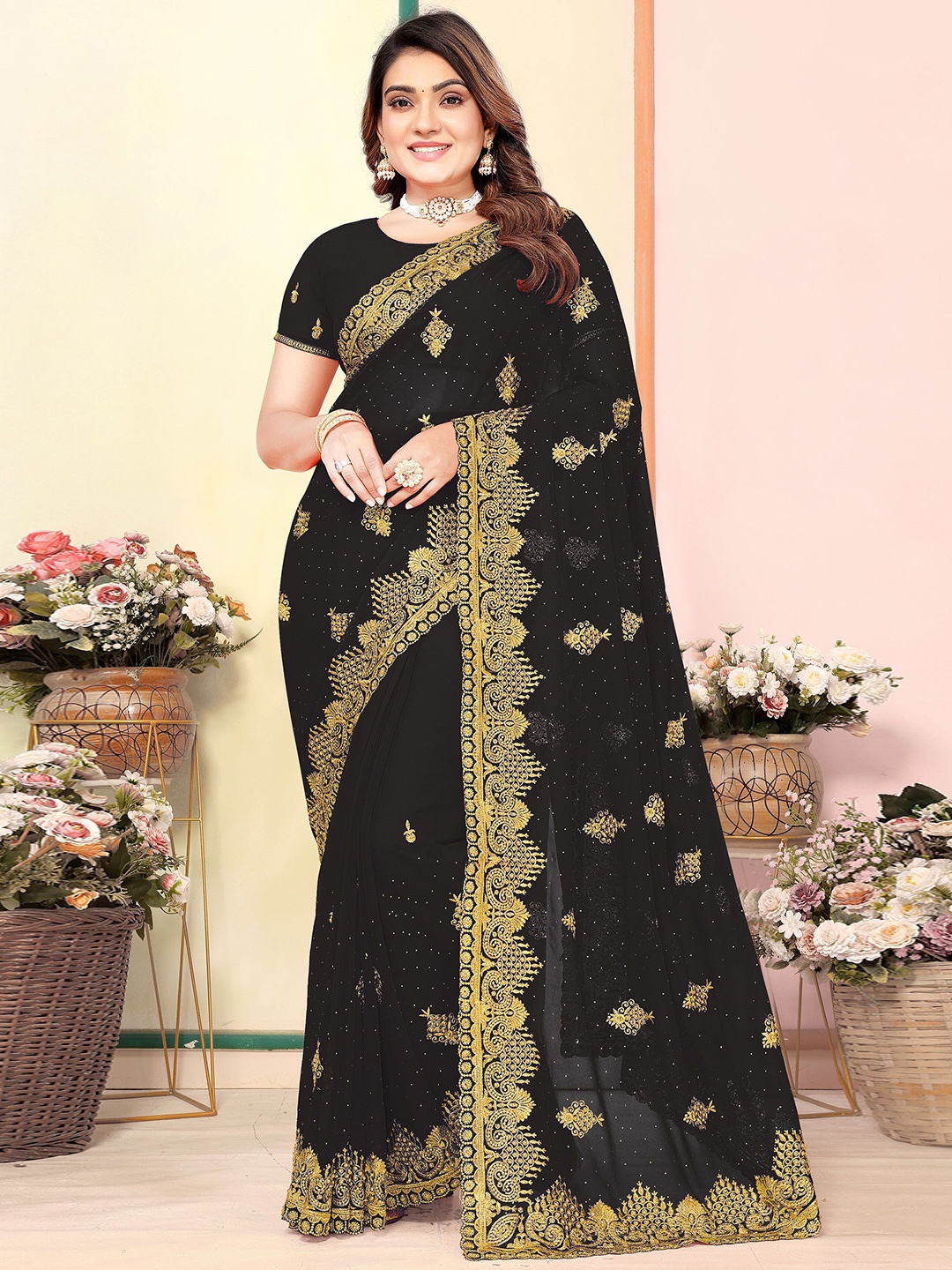 

KHRITI FAB Floral Embroidered Pure Georgette Saree, Black