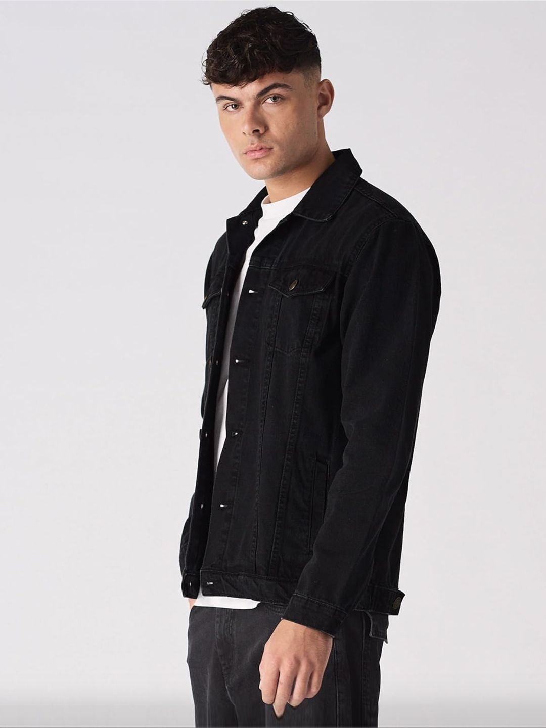 

MASTERLY WEFT Men Spread Collar Solid Casual Denim Jacket, Black