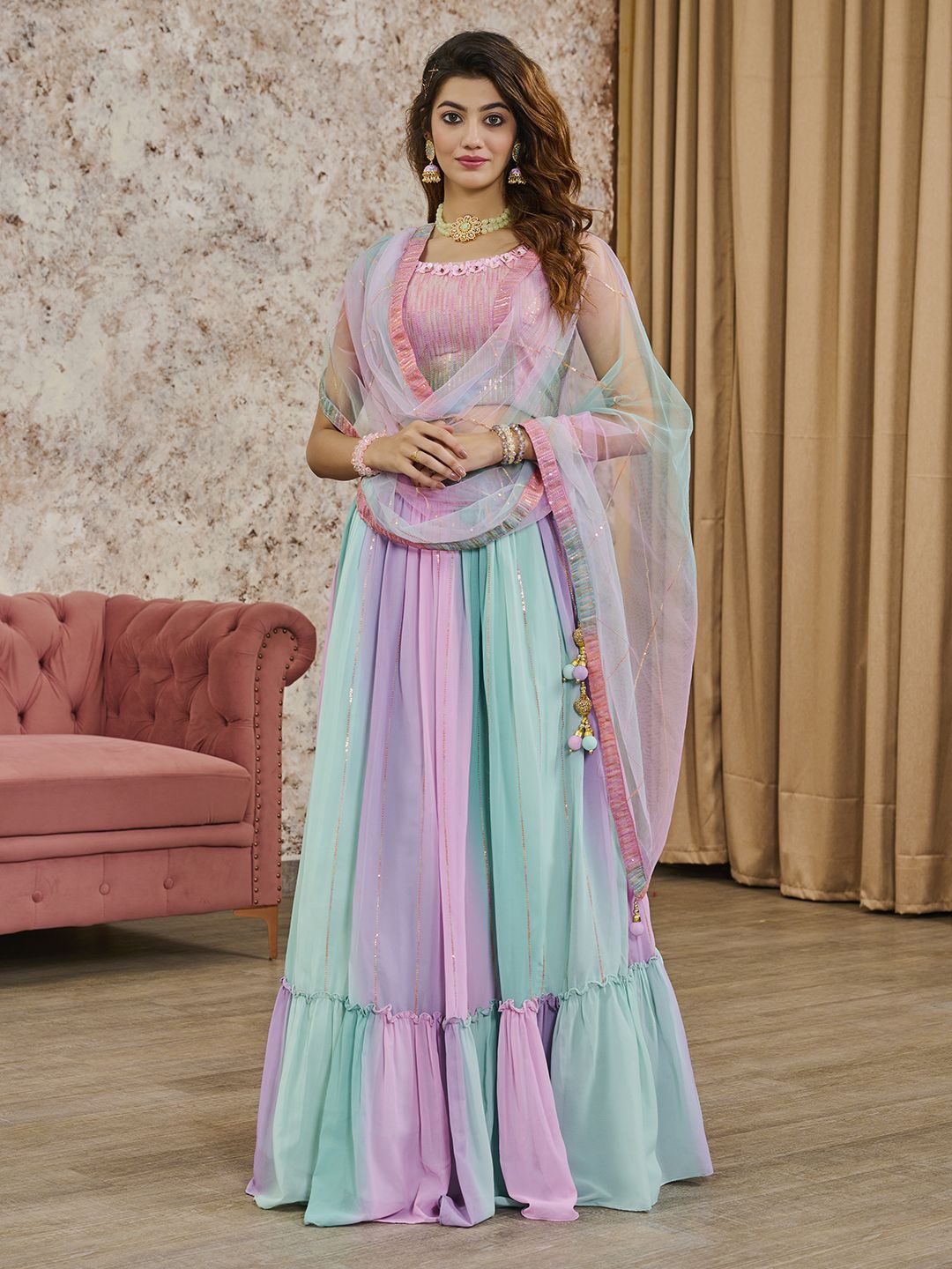 

Krimmple Embroidered Thread Work Ready to Wear Lehenga & Blouse With Dupatta, Pink