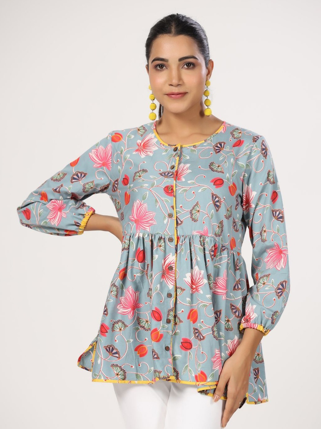 

JAIPURRANG Floral Print Puff Sleeve Peplum Top, Grey