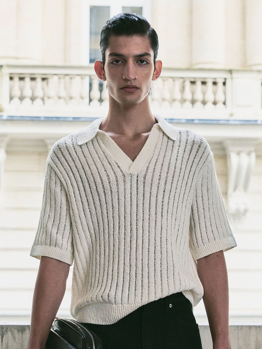 

H&M Self Striped Polo Collar Drop-Shoulder Sleeves Oversized T-shirt, Off white