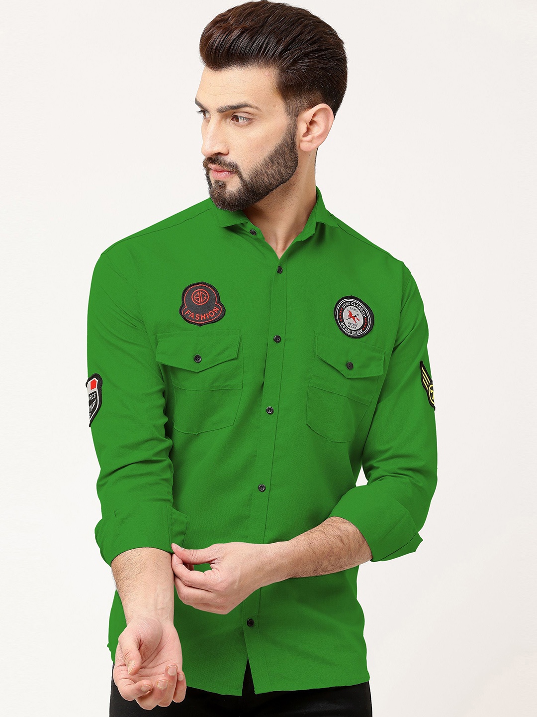 

WOXEN Men Original Fit Spread Collar Solid Cotton Casual Shirt, Green