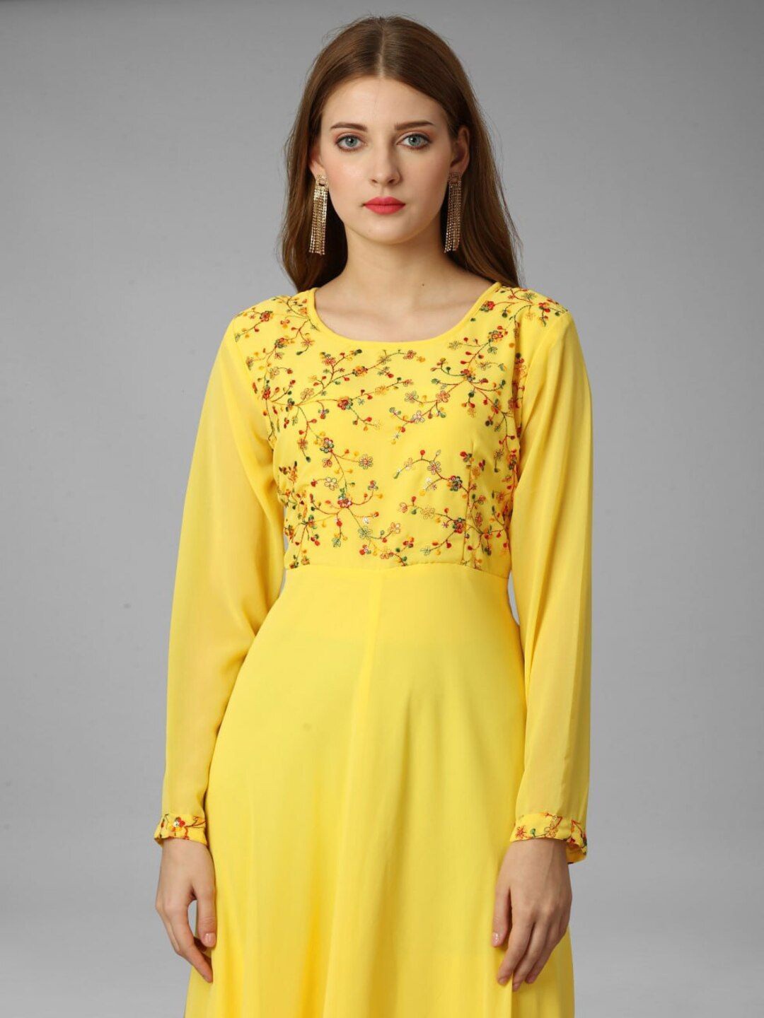

ASCIIBLUES Women Georgette Maxi Dress, Mustard