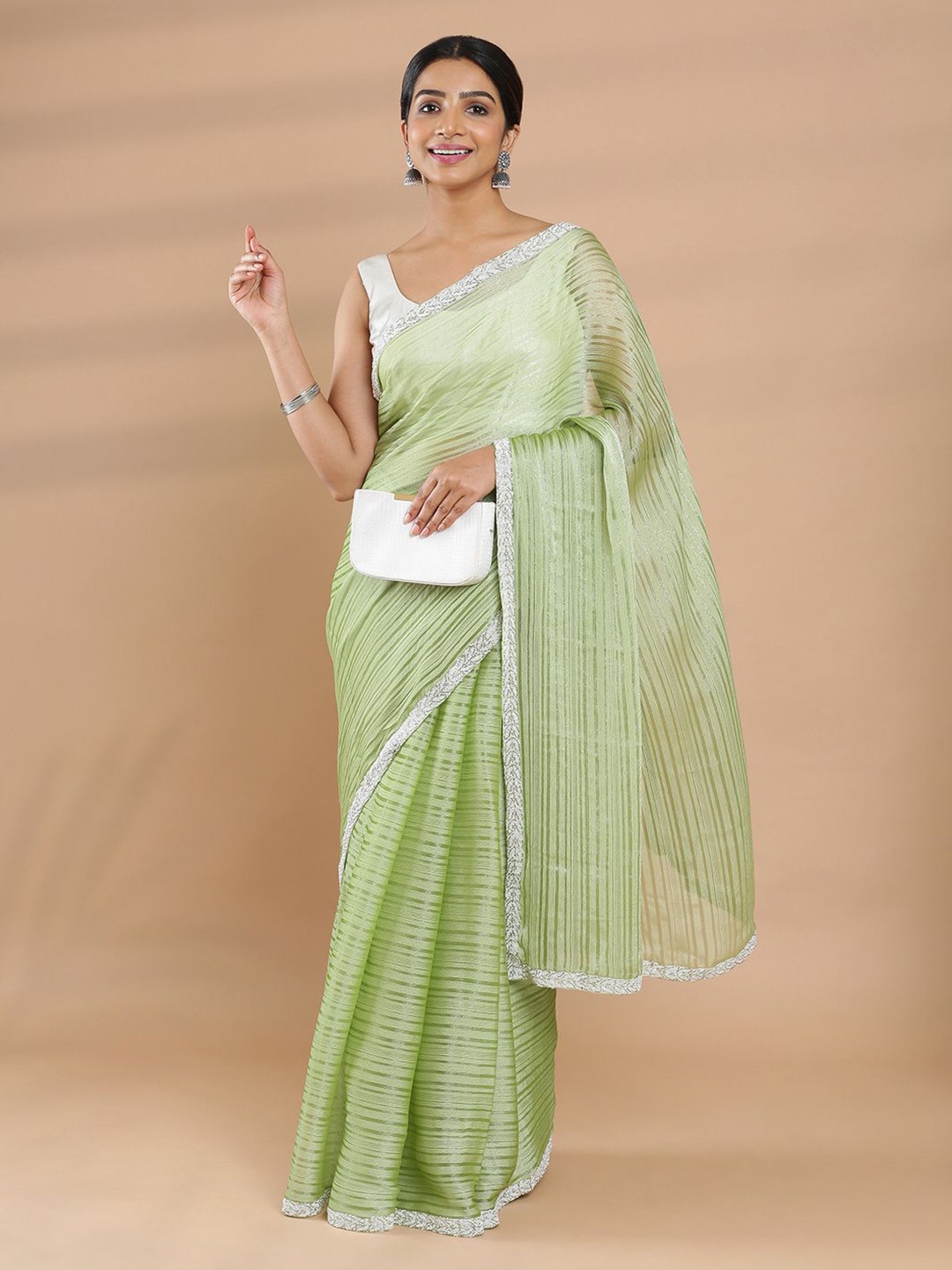 

Kalyan Silks Striped Beads and Stones Poly Georgette Saree, Green