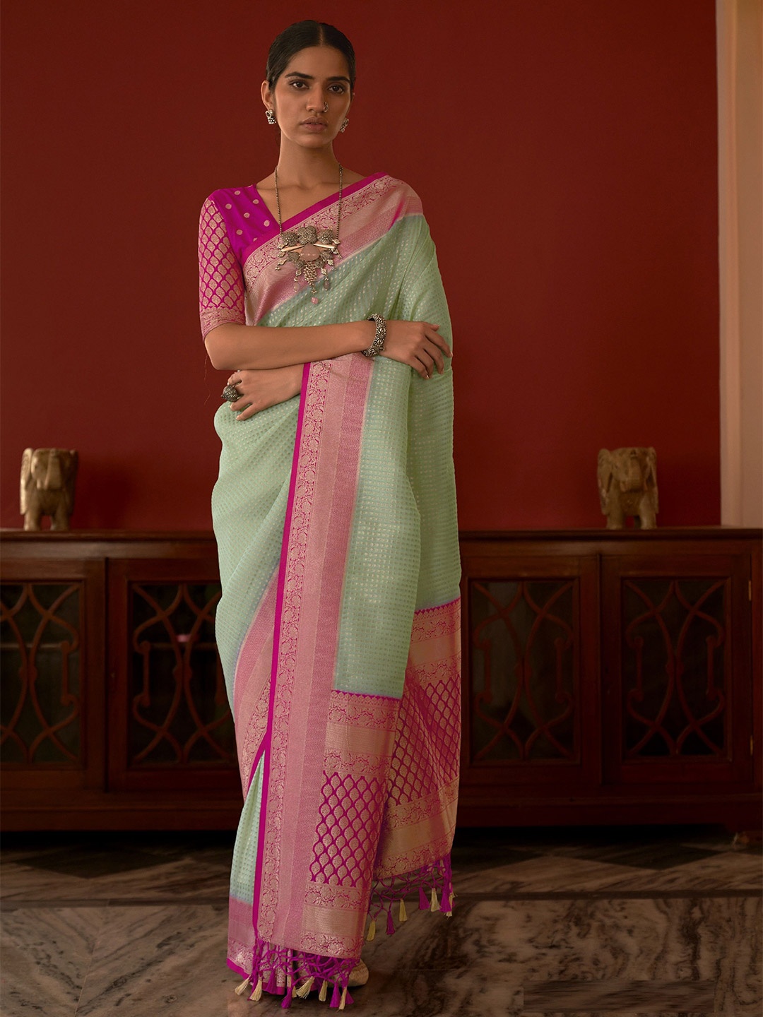 

MAHALASA Ethnic Motifs Zari Pure Silk Kanjeevaram Saree, Sea green