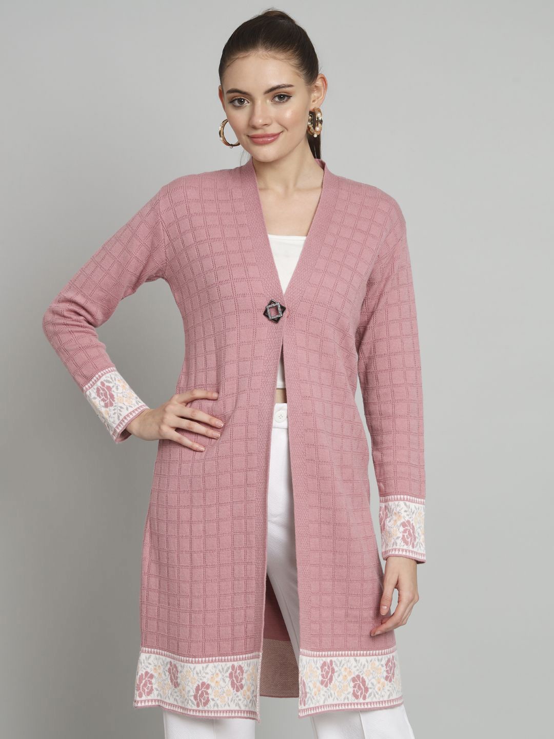 

Chemistry Self Design Woollen Longline Open Front Shrug, Pink