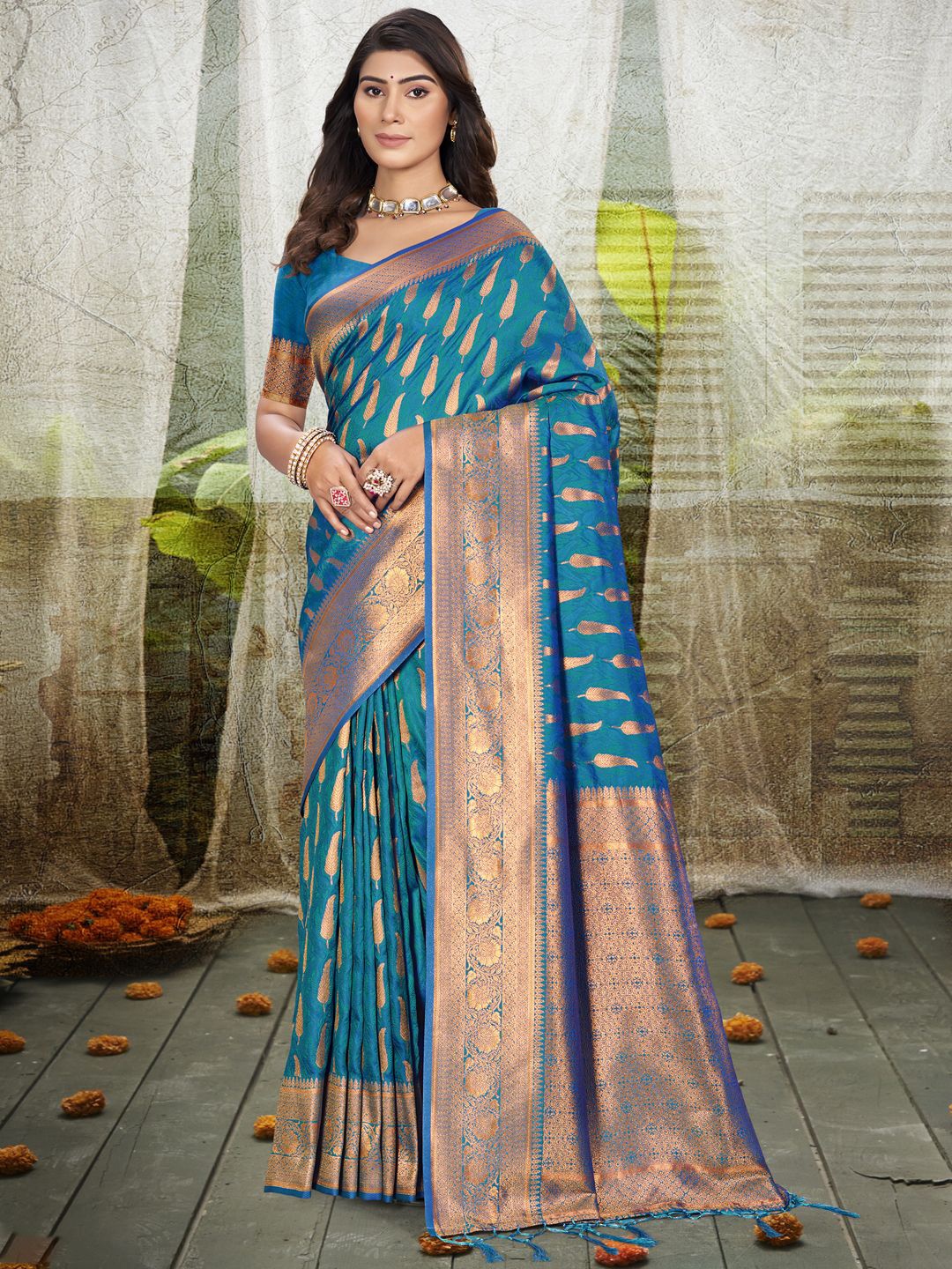 

SANGAM PRINTS Woven Design Zari Tussar Saree, Turquoise blue