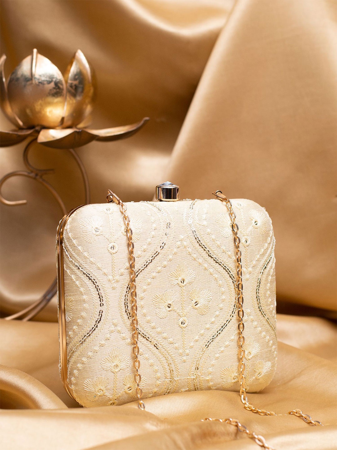 

ARTKLIM Sequins & Thread work Embroidered Box Clutch with Sling Chain, Off white