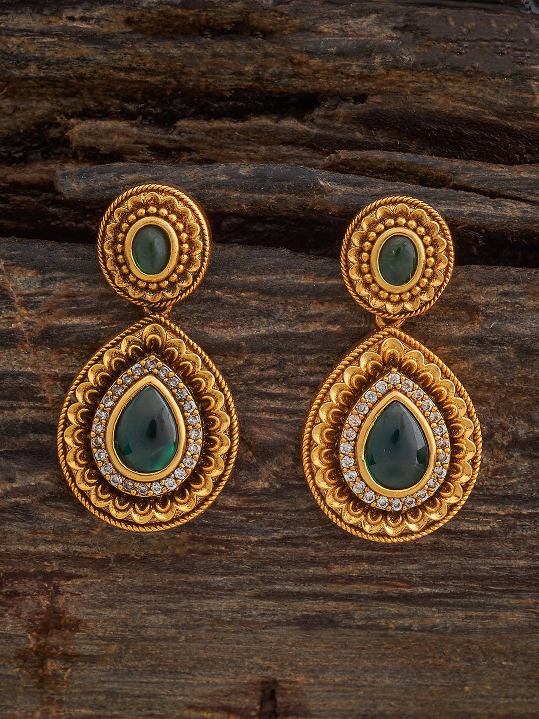 

Kushal's Fashion Jewellery Gold-Plated Stone Studded Oval Antique Drop Earrings