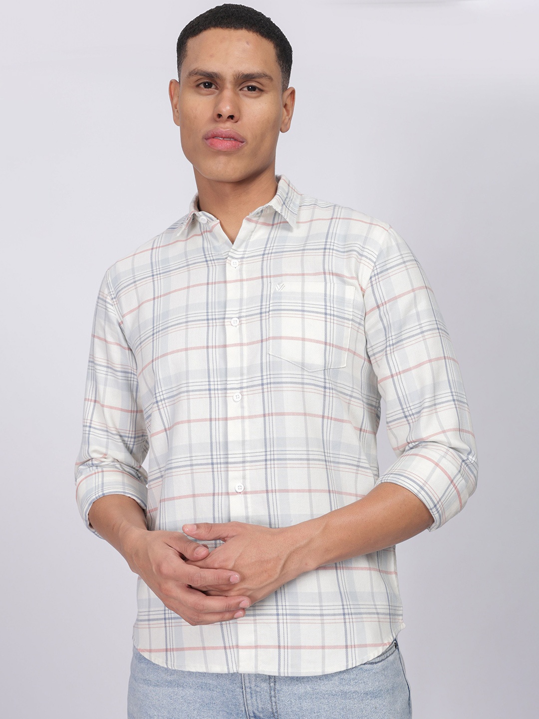 

BS BLUE SQUAD Men Slim Fit Opaque Checked Casual Shirt, Cream