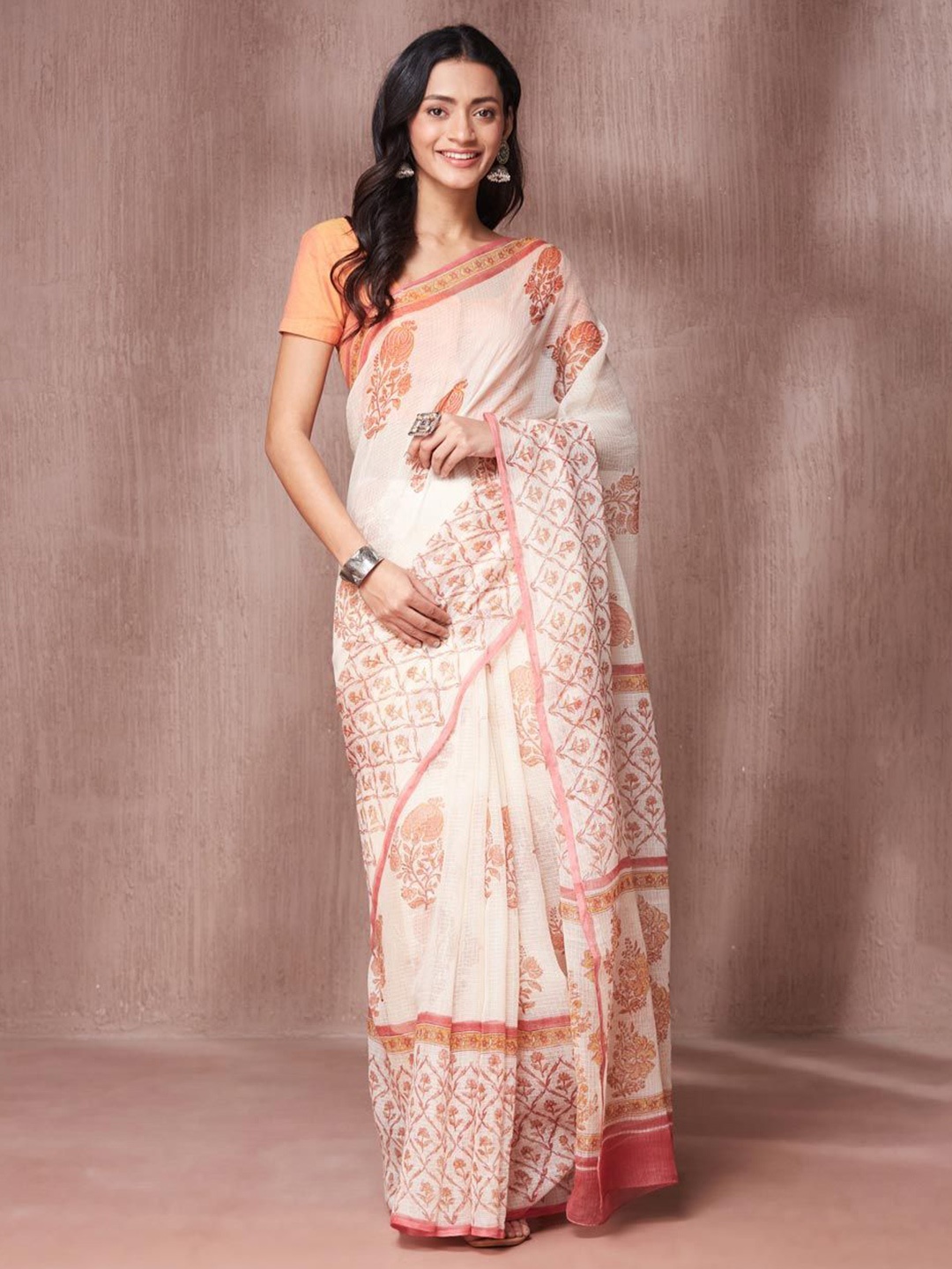 

Fabindia Ethnic Motifs Printed Block Print Saree, Off white